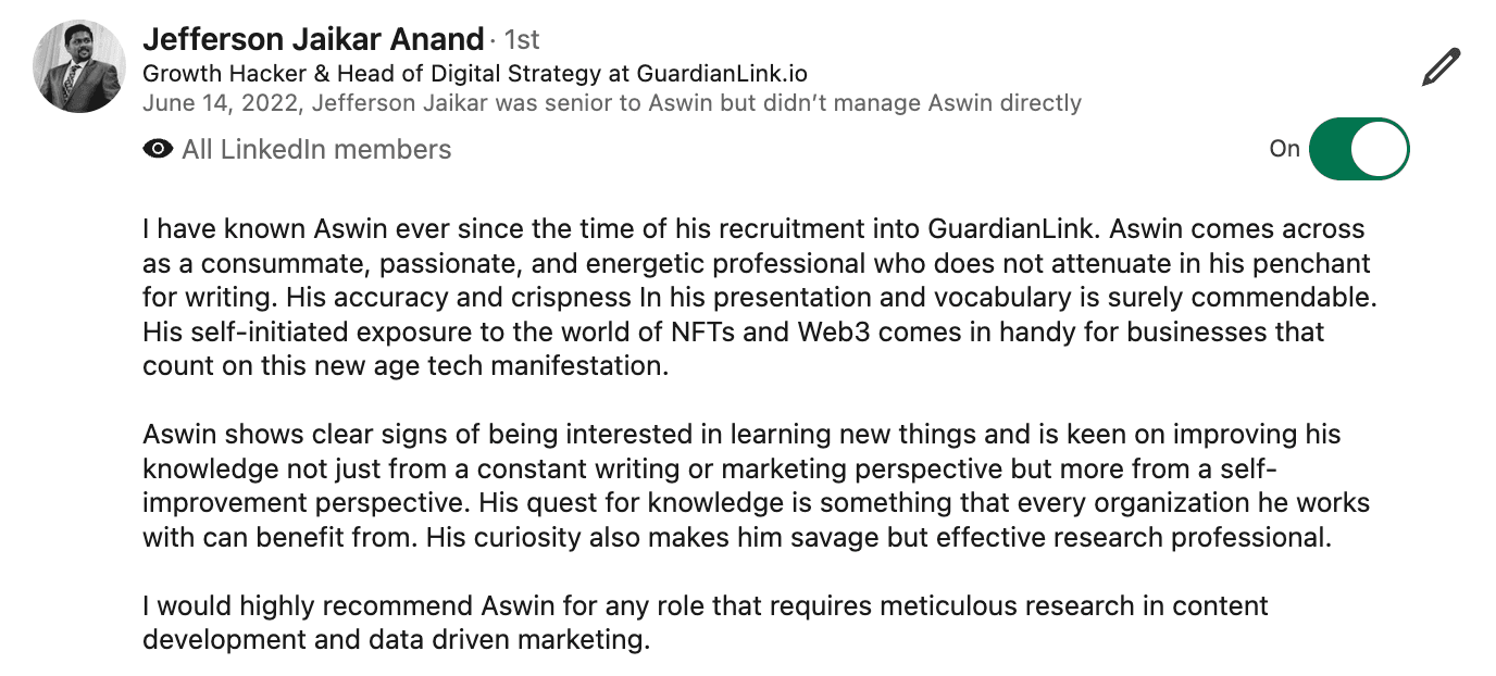 LinkedIn recommendation for Aswin from Jefferson Jaikar Anand.