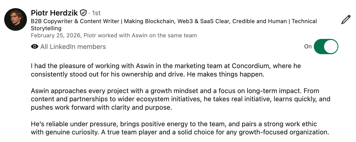 LinkedIn recommendation for Aswin from Piotr Herdzik.