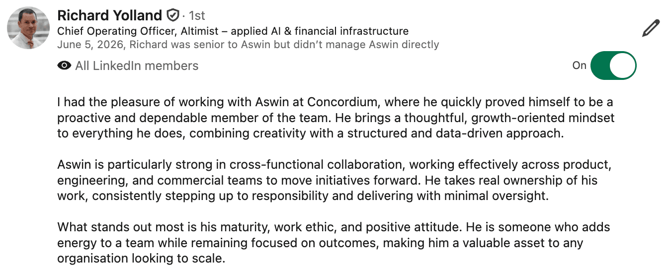 LinkedIn recommendation for Aswin from Richard Yolland.
